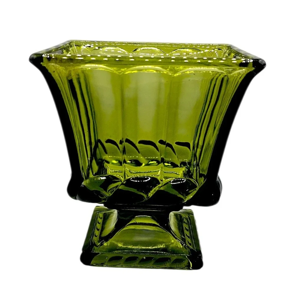 VTG 60s Heavy Olive Green Glass Rectangle Compote /Candy Dish Footed Ribbed Base